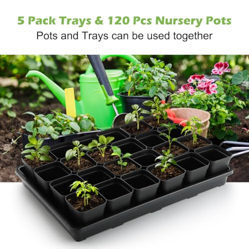 RooTrimmer 2.8 inch (7CM) Square Nursery Pots 120pcs with 5 Pack Seed Starter Trays, Durable Plastic Flat Seedling Tray (17"x11"x2") for Carrying and Holding Plant Nursery Pot (Black) - size: 2.8" Pots-120P + 17.3" x 11.8" x 1.8" Trays-5P
