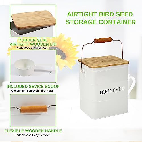 Bird Seeds storage container,Bird Seed Container,Metal food tin for Birds, pet snacks Canisters with wooden lid/handle/sevice scoop,hold 5-6 lbs - color: Bird-White