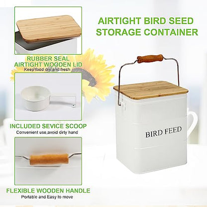Bird Seeds storage container,Bird Seed Container,Metal food tin for Birds, pet snacks Canisters with wooden lid/handle/sevice scoop,hold 5-6 lbs - color: Bird-White