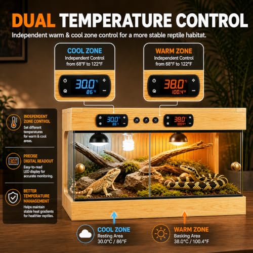 Reptile Terrarium for Lizard Tortoise Snake – Dual Thermostat Reptile Enclosure Stackable Wooden UV Coated with Ceramic Lamp Holder, Waterproof Easy Clean 3-Side Ventilation Anti-Escape (40x20x20 in) - size: 40x20x20 in
