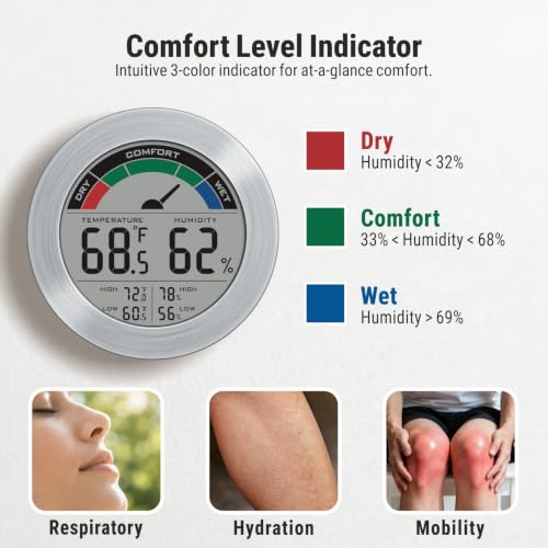 Digital Hygrometer Indoor Thermometer Humidity Meter Room Temperature Humidity Monitor, Metal Frame with Brushed Stainless Finish, DM9442 (Silver Stainless) - color: Silver Stainless