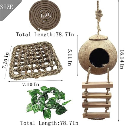 Crested Gecko Tank Accessories,Gecko Coconut Hut Hideout with Ladder Reptile Hammock Lizards Hanging Plants Flexible Climbing Jungle Vine Leaves Terrarium Decor - style: 【Style B】