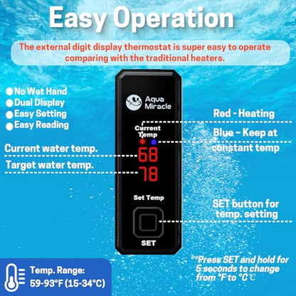 AquaMiracle Upgraded 100W Small Aquarium Heater Fish Tank Heater Turtle Heater Super Mini Aquarium Heater, Dry-Run/Overheating Protection and Memory Function, Dual LED Display, for 10-20 Gal Tanks - size: For 10-20 Gal Aquariums