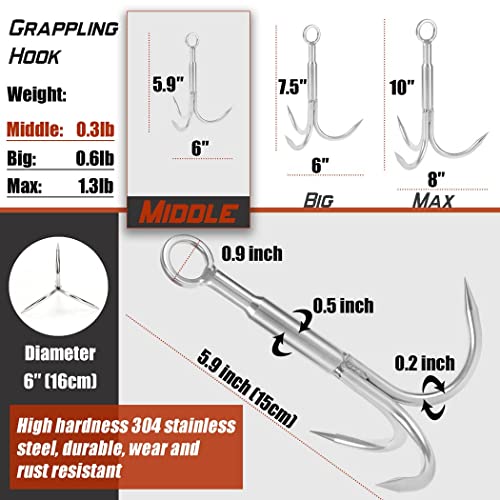Grapple Hook with Rope-Includes Nylon Rope 6/8/10mm 50FT,Functional Grappling Hook and Double Carabiner,for Magnet Fishing/Drag/Tree Limb Removal - style: Middle+1/4″rope-red