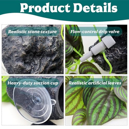 Reptile Water Dish with Dripper, Adjustable Wall-Mounted Water Bowl for Terrarium Humidity Control - Natural Rock Decor Feeding & Watering Dish for Gecko, Lizard, Snake, Frog & Small Reptiles