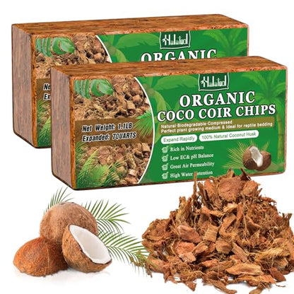Halatool 2 Pcs Coco Husk Chips for Plants - 2.2 LB 100% Organic Coconut Coir Chips with Low EC and pH Balanced, Compressed Coco Substrate Growing Mulch Medium for Landscaping, Herbs, Plants, Flowers - color: 2pcs