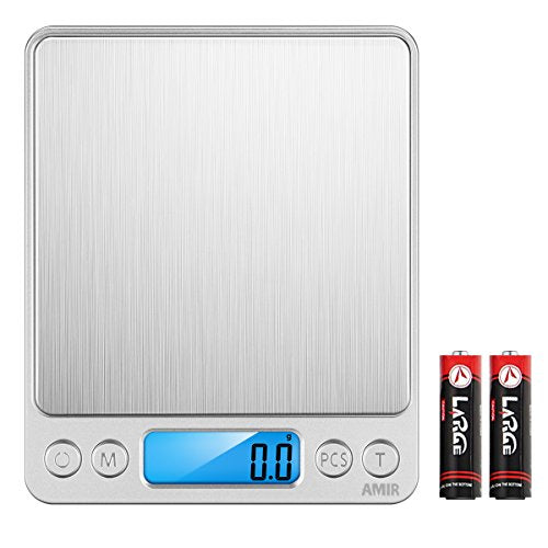 AMIR Digital Kitchen Scale, 3000g 0.01oz/ 0.1g Pocket Coffee Scale, Mini Food Scale, Pro Electronic Jewelry Scale with Back-Lit LCD Display, Tare & PCS Functions, Stainless Steel, Batteries Included - color: Sliver