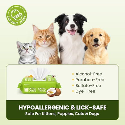 Hypoallergenic Pet Wipes for Dogs, Cats & Small Animals,100 Count | Quick Clean & Deodorize Paws, Butt, Eyes, Face & Fur | Daily Grooming Wipes | Extra Large & Thick | Coconut Scented - size: 100 Grooming Wipes