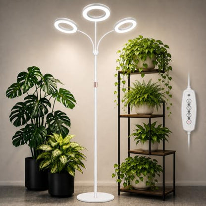 LBW 3-Head Grow Light with Stand for Indoor Plants, Full Spectrum Grow Light for Tall Large Plants, Adjustable Height up to 68", Auto Cycle Timer 6/8/12/16H, 5-Level Dimming, 3 Lighting Modes,White - size: 3 Head 6.3" White