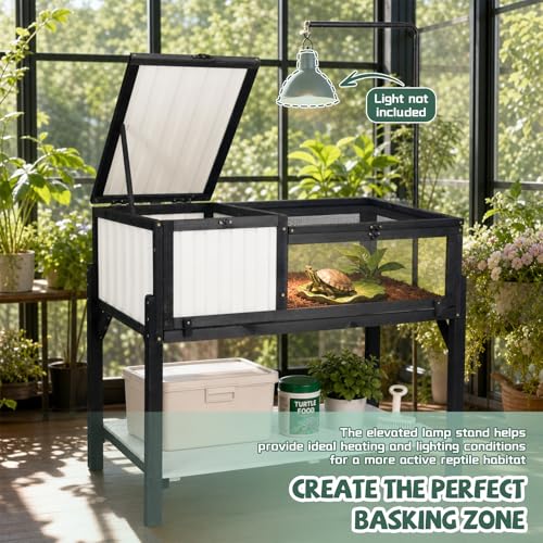 Large Tortoise Habitat with Adjustable Lamp Stand, Wooden & Plastic Turtle Enclosure with Viewing Window, Pull-Out Tray, Storage Shelf, 2-Room Indoor Outdoor Reptile House for Tortoises & Small Pets - size: 40.3"L x 22.8"W x 34.2"H