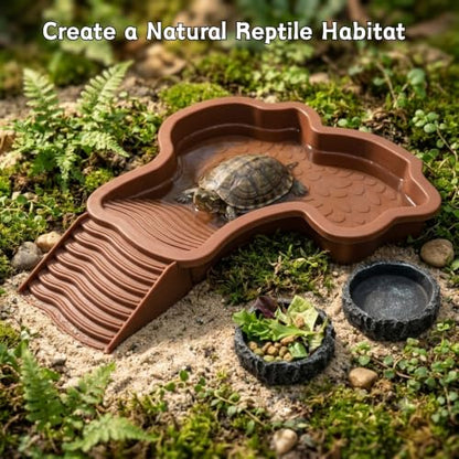 Extra Large Reptile Water Bowl with Ramp and 2 Feeding Dishes Set | Reptile Bathing Pool with Food & Water Bowls for Turtles, Tortoises, Lizards, Geckos, Bearded Dragons and Other Small Pets