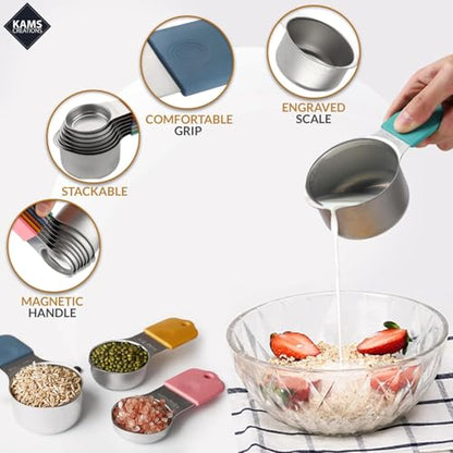 16PCS Magnetic Measuring Cups and Spoons Set with Leveler – Strong N52 Magnets, Premium 304 Stainless Steel, Double Sided Measuring Spoons, Easy to Read Engraved Measurements for Baking & Cooking