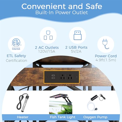 METYERRY 40-50 Gallon Fish Tank Stand with Power Outlet,Adjustable Shelf | 3 Tier Storage,660 LBS Heavy Duty Steel Frame, Fits Fish Reptile and Turtle Tanks, Stable Home Aquarium Setup - color: Rustic Brown, size: 40-50gallon