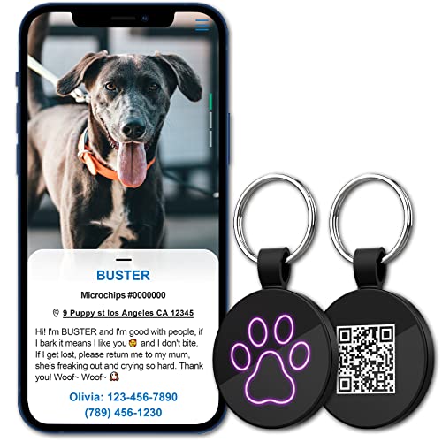 MYLUCKYTAG QR Code Pet ID | Personalized Dog & Cat Collar Tag | Online Profile with Instant Scanned Location Alert Email - style: Neon Paw