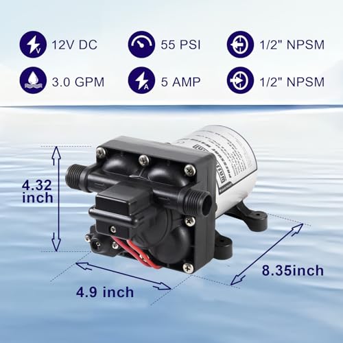 RV Water Pump 12 Volt DC 3.0GPM 55PSI Replacement For 4008-101-A65 Water Pump Self Priming Diaphragm Pump with Pressure Switch for RV Kitchen Bathroom Marine Yacht Garden Camper Water Pumps - color: White