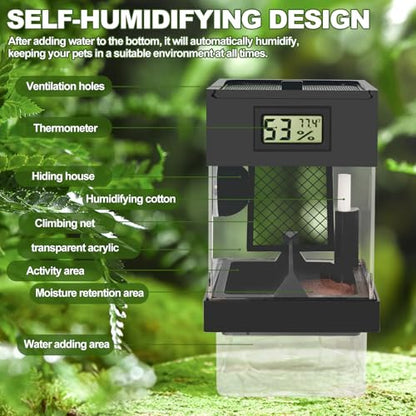 Pre-Assembled Jumping Spider Enclosure,Spider Enclosure with Thermometer and Self-Humidifying Device,Insect Terrarium with All-Side Ventilation, Praying Mantis Habitat,Includes a Hideout.