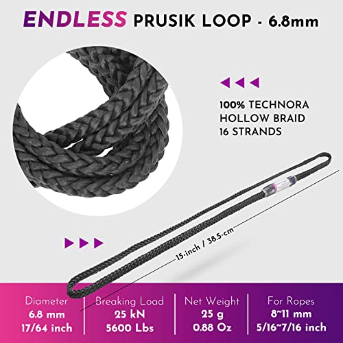 6.8mm Endless Prusik Loop 100% Technora 25kN Heat Resistant Friction Hitch Cord Hollow Braid for Rappel Abseil Backup, Adjustable Anchor Set-up, Rescue Rigging Hammocks - color: Black | 15 Inch