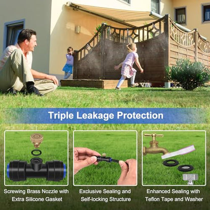 GOXAWEE Misting Cooling System, 26FT (8M) Mist Line, 7 Brass Mister Nozzles | 3/4" Brass Adapter, Outdoor Misters for Outside Patio Backyard Garden Greenhouse Deck Canopy Trampoline Porch Sprinkler Pool - size: 26 ft