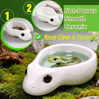 Reptile Water Dish, Ceramic Snake Water Bowl for Snake, Leopard Gecko, Bearded Dragon and Lizard, Reptile Bathing Pool Food Feeding Dish, Terrarium Tank Accessories (White) - color: White
