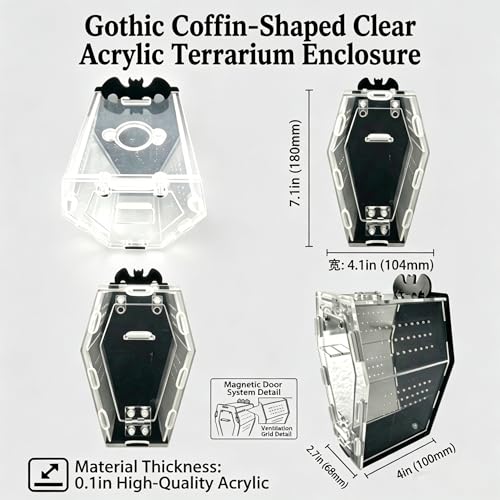 Acrylic Coffin Jumping Spider Enclosure Magnetic Lock Terrarium Kit | Clear acrylic with magnetic locks, feeding port, ventilation. For jumping spiders, tarantulas. 7.1-inch habitat, easy setup.