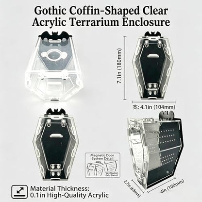 Acrylic Coffin Jumping Spider Enclosure Magnetic Lock Terrarium Kit | Clear acrylic with magnetic locks, feeding port, ventilation. For jumping spiders, tarantulas. 7.1-inch habitat, easy setup.