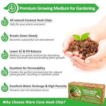 Riare 4 Pack Organic Coco Coir Chips for Plants, 4.4 lb Coconut Husk Bricks | Low EC & pH-Balanced Coco Husk Substrate with Drainage & Aeration, High-Expansion Mulch for Landscaping, Orchids & Soil Mix - size: 4 Pack