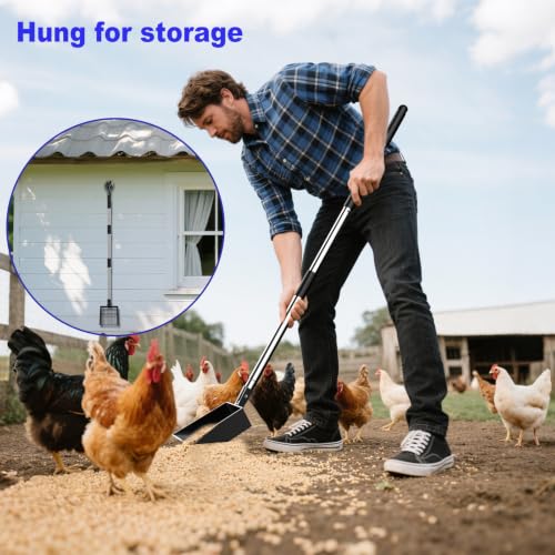 5.1in Width Small Metal Chicken Poop Scooper Litter Cleaning Shovel | Angle Adjustable / Metal made / No Back Bend over / Long Handle Adjust 19.7"-41.3" / Dog Cat Pet Goat Pen Garden Horse Barn