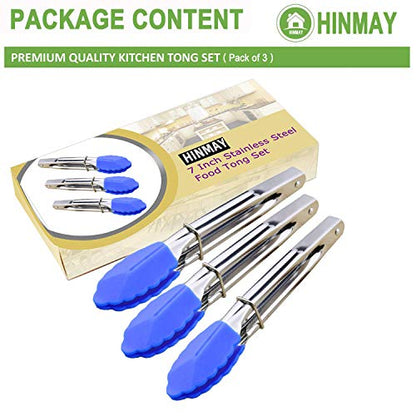HINMAY Small Tongs with Silicone Tips 7-Inch Serving Tongs, Set of 3 (Blue) - color: Blue