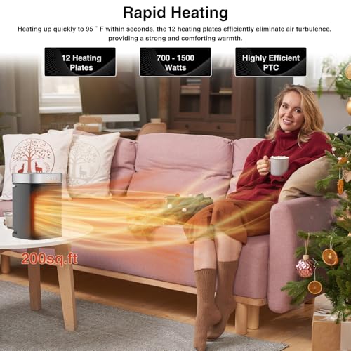 Small Portable Space Heater for Indoor Use - VOCRS 1500W PTC Electric Heater with Thermostat, Remote Control, 12H Timer, Eco and Fan Mode, Rapid and Safe Heating for Bedroom, Office - size: 8.4''/Non Oscillation