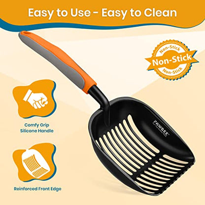 PAWBEE Premium Non-Stick Metal Cat Litter Scooper with Holder, Deep Shovel Poop Scoop, Long Non-Slip Handle