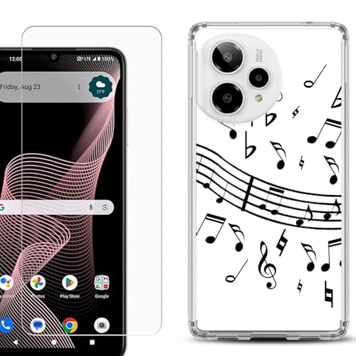 Shockproof Phone Case Compatible with Cricket Icon Plus 2026, w/Tempered Glass - Music Notes/White - color: Music Notes / White