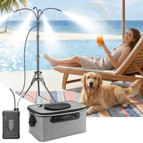 Portable Misting System with 15L Bucket, 10000mAh, 4.2FT Adjustable, Grey | Standing wireless mister, adjustable height, for backyard, pool, camping, BBQ