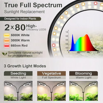 LBW Dual Head Grow Light with Stand for Indoor Plants, Full Spectrum Grow Light for Tall Plants, Adjustable Height up to 68", Auto Cycle Timer 6/8/12/16H, 5-Level Dimmable, 3 Lighting Modes, Black - size: 2 Head 6.3" Black