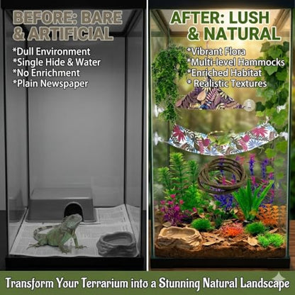 22PCS Bearded Dragon Tank Accessories Crawler Plant Climbing Kit with 2 Hammocks, 2 Flexible Vines, 20 Grape Leaves, Suction Cups & Artificial Plants – Lifelike Terrarium Decor for Gecko, Chameleon