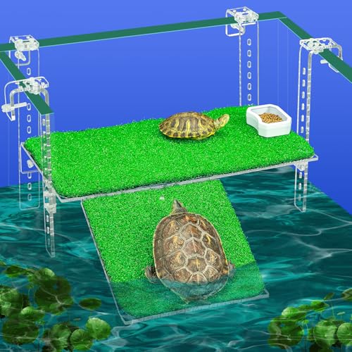 Adjustable Hanging Acrylic Turtle Basking Platform with Ramp 15x8.1 | Anti-slip grass dock for safe basking; adjustable clips fit most rims. Sturdy acrylic ramp, easy setup. Clear view. - size: 15x8.1 Inch