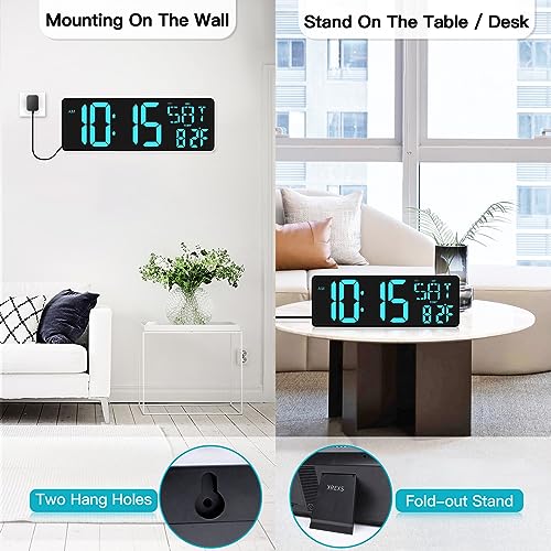 XREXS 17.2 Inch Large Digital Wall Clock with Remote Control | LED Large Display Count Up & Down Timer, Adjustable Brightness Alarm Clock with Day/Date/Temperature for Home, Gym, Classroom - color: Ice Blue