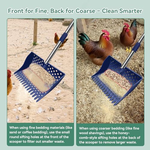 12" 2-in-1 Chicken Poop Scooper & Rake, 3-Shape Sifting Holes Chicken Coop Rake, Stainless Steel Handle (20–61") - Litter Scooper & Sand Sifting Shovel (U.S. Patent No. D1124534) - Blue - color: Blue