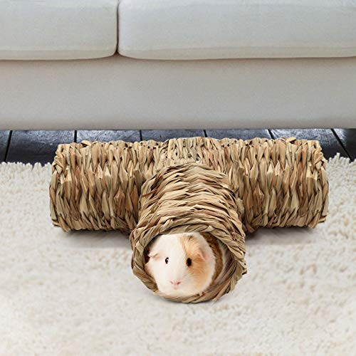 BWOGUE Hamster Grass Tunnel Toy, Guinea Pig Grass Tunnel, 4-Way Hideaway | Natural Grass for Chewing, 4 Entrances, No Nails or Staples, 14.1 x 4.3 in, Grass Hide for Hamsters, Hedgehog & Ferrets