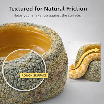 Small Snake Soak Bowl, Resin Reptile Water Dish, 1.3 lb Rock Look | 2-in-1 Drink & Soak, Smooth Basin, Textured Exterior, 4.72 x 3.35 in, Hatchlings & Juveniles