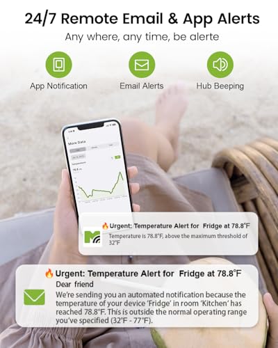 WiFi Remote Thermometer Freezer Alarm, 1/3 Mile Long Range, with IP67 Waterproof Probe, App Email Alert, with Digital Monitor Hub, 2 Smart Temperature Sensors for Refrigerator, Hot Tub, RV - style: 1 Long Range LCD Hub + 2 Non-Waterproof Sensors