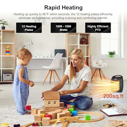 Portable Ceramic Space Heater 1500W, Fast Heating, Digital Display with Touch Controls, Built-in Handle, Overheat and Tip-Over Protection, Ideal for Home, Bedroom, and Office Heating