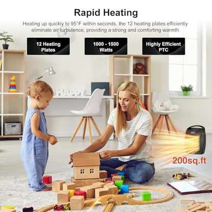 Portable Ceramic Space Heater 1500W, Fast Heating, Digital Display with Touch Controls, Built-in Handle, Overheat and Tip-Over Protection, Ideal for Home, Bedroom, and Office Heating