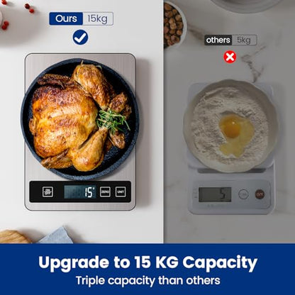 【33 lb & USB Rechargeable】 Digital Kitchen Food Scale Kitchen Scale, Stainless Steel Digital Weight Grams and Oz, Baking and Cooking, 0.1oz/1g Precise, 6 Weight Units (B1)