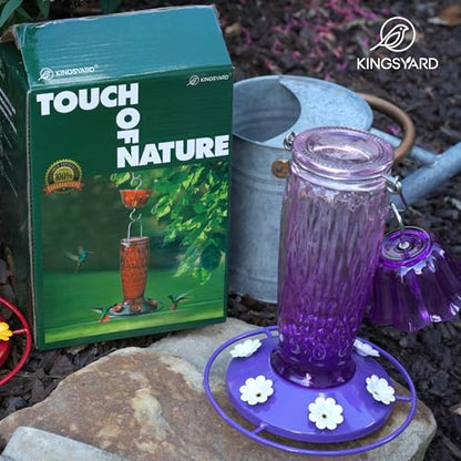 Kingsyard Glass Hummingbird Feeder for Outdoors with Ant Moat | 24 oz, Wide-Mouth Opening, 6 Metal Feeding Ports, Bee Guard, Easy to Clean & Refill Nectar, 360 Degree Perch, Pink & Purple - color: Pink & Purple