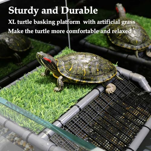 Turtle Basking Platform, Extra Large Turtle Dock with Artificial Grass and Non-Slip Ramp, 13.4" x 10" Resting Area Fits 75/90/120 Gallon Tanks