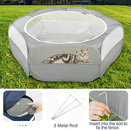 Pawaboo Small Animal Playpen with Zippered Cover,Light Gray | Portable pop-up pet tent for supervised rabbits, guinea pigs, chicks and kittens; water-resistant bottom and 3 metal rods - color: B-Gray