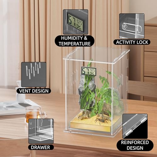 Reptile Terrariums with Temperature Hygrometer, 5.9"x5.9"x9.8" Acrylic Breeding Box Terrarium Cage Tank for Small Reptile Insect Home Office (Arboreal) - size: Arboreal--M (Tray)