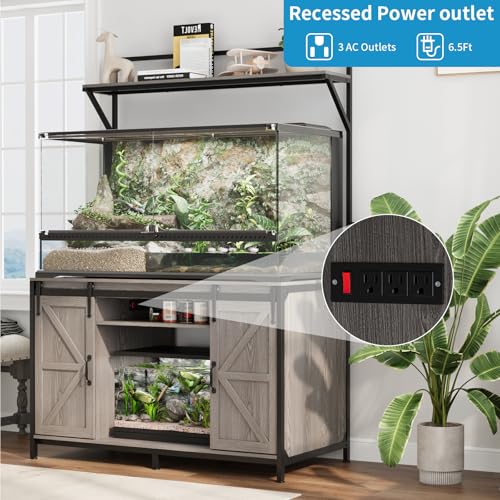 VOWNER 48"x24" Reptile Tank Stand with Power Outlet & Storage Cabinet, Grey | Fits up to 120 Gallon Bearded Dragon Tank, Sliding Barn Doors, Heavy Duty Aquarium Stand, Reptile Turtle Terrarium Stand - color: Grey