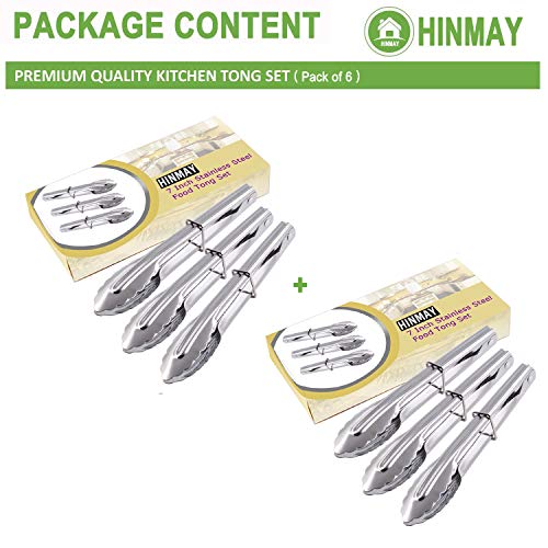 HINMAY Mini Stainless Steel Food Tongs with Silding Rings 7-Inch, Set of 6 | Small Clam Shell Service Tongs for Serving Appetizers, Desserts, Salads, Barbecue and Cooking (Silver) - color: 6 Silver