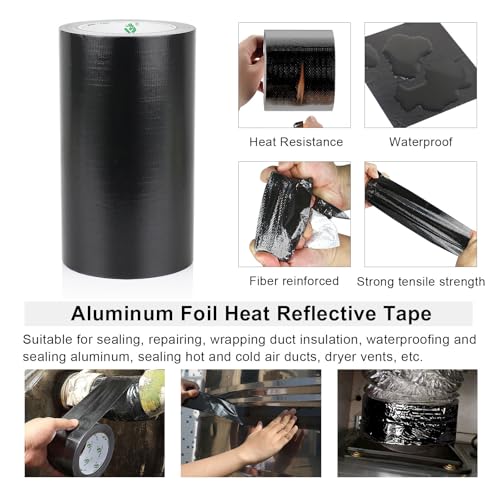 BOMEI PACK Adhesive Black Aluminum Foil Heat Shield Tape Barrier 8in x 66ft, Fiberglass Thermal Insulation Reflective Material High Temp Protection 1Pack - size: 8inch x 66ft
